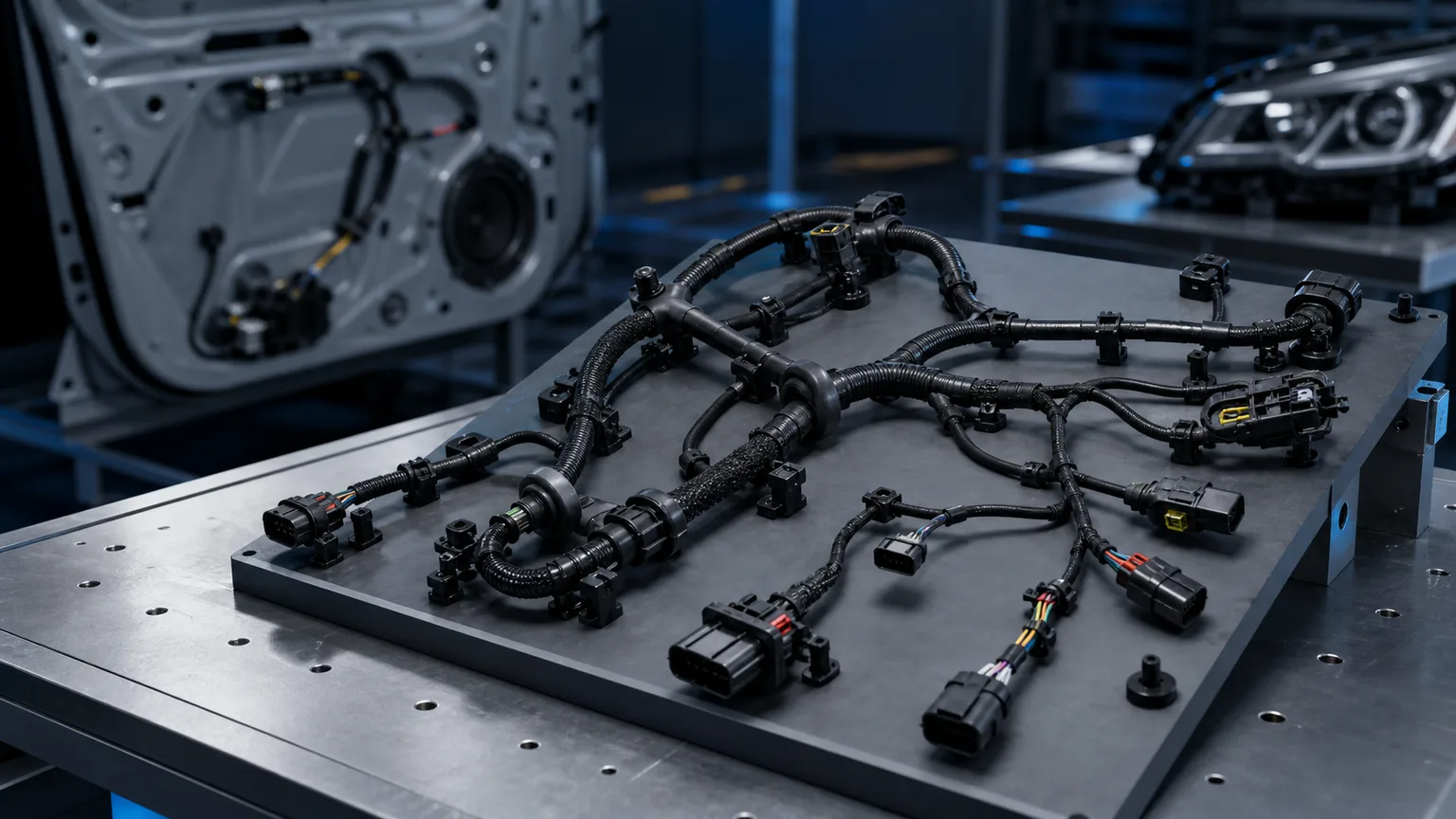 Automotive wire harness for doors, locks, and lighting systems