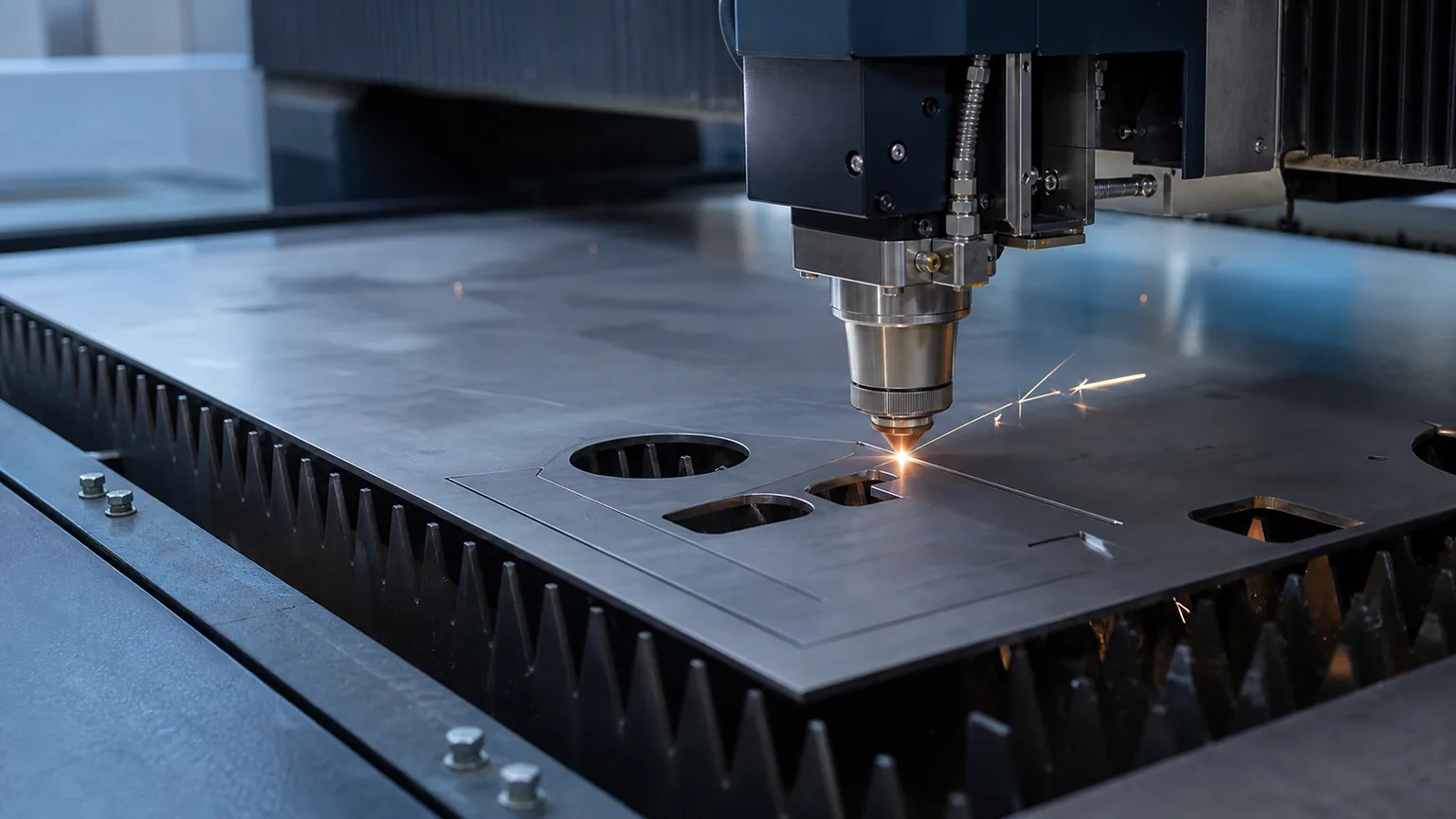 CNC laser cutting head working on sheet metal