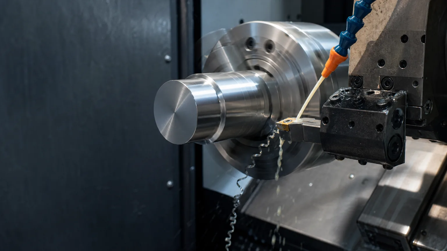 CNC lathe machining a cylindrical steel component